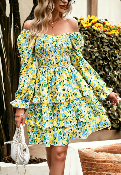 Floral Shirred V Neck Tiered Dress