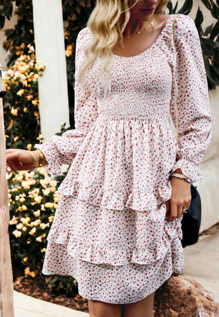 Floral Shirred V Neck Tiered Dress