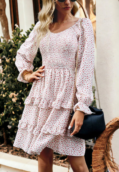 Floral Shirred V Neck Tiered Dress