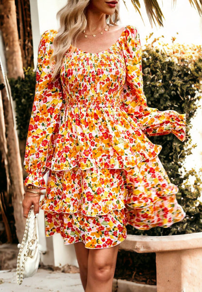 Floral Shirred V Neck Tiered Dress