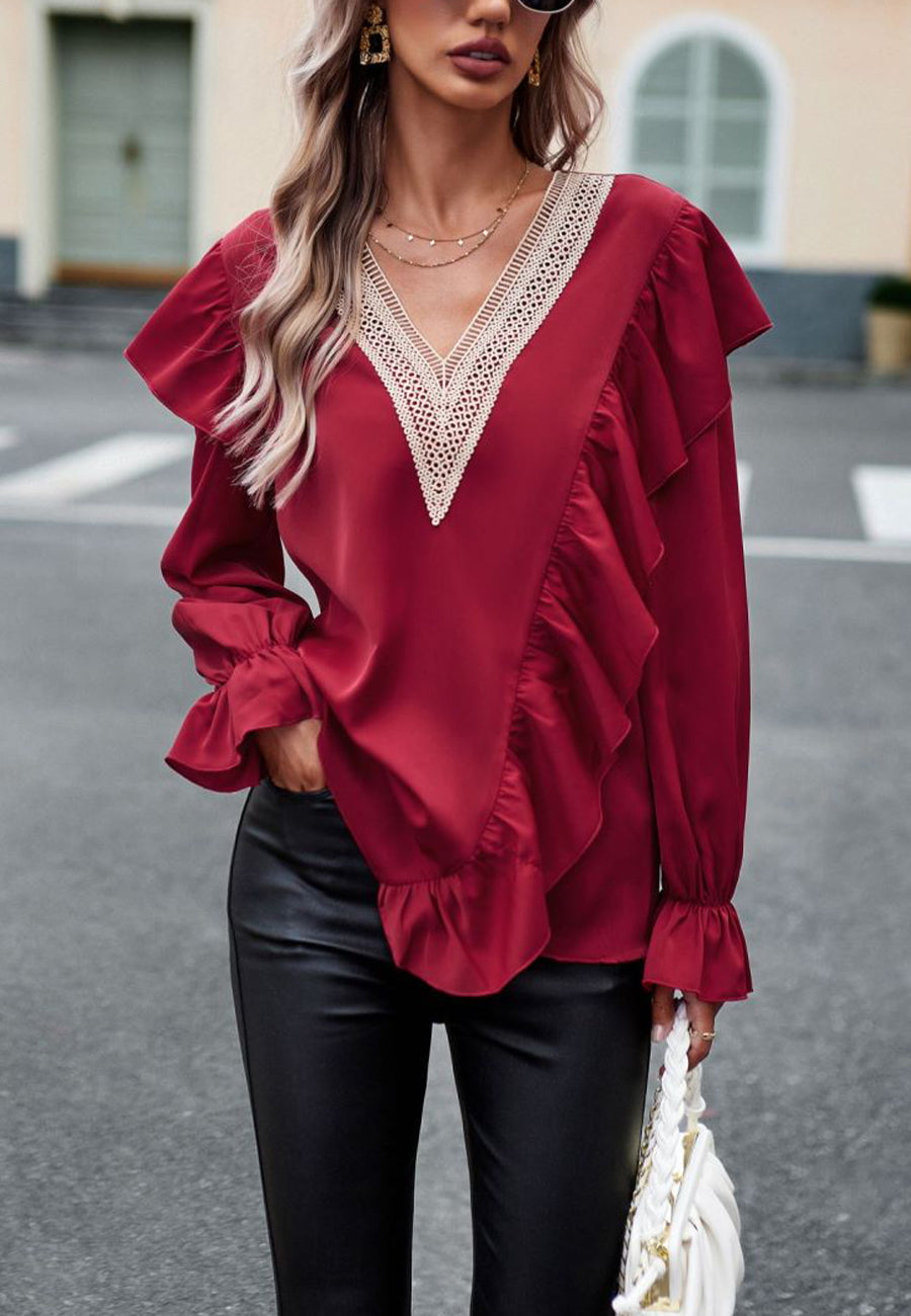 Crochet V Neck Ruffle Detail Blouse