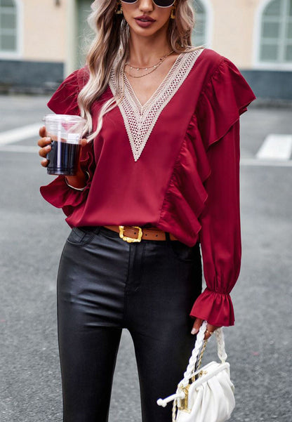 Crochet V Neck Ruffle Detail Blouse