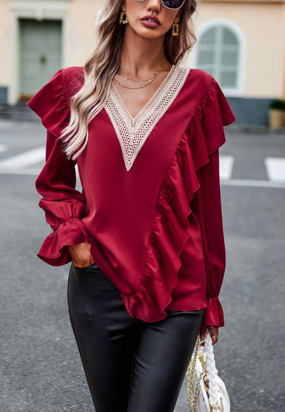 Crochet V Neck Ruffle Detail Blouse