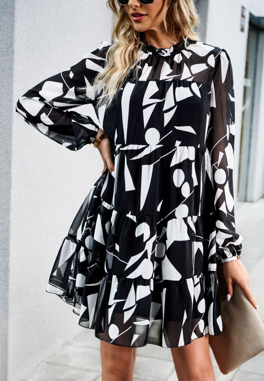 Abstract Print Long Sleeve Tiered Dress