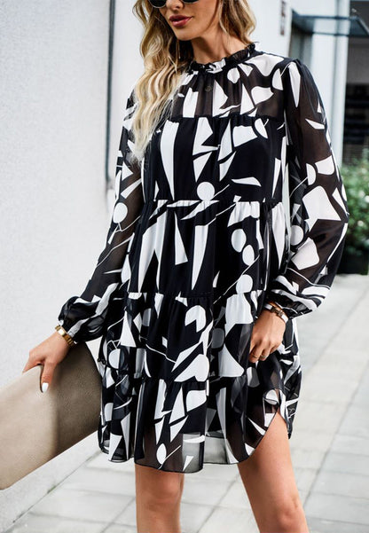 Abstract Print Long Sleeve Tiered Dress