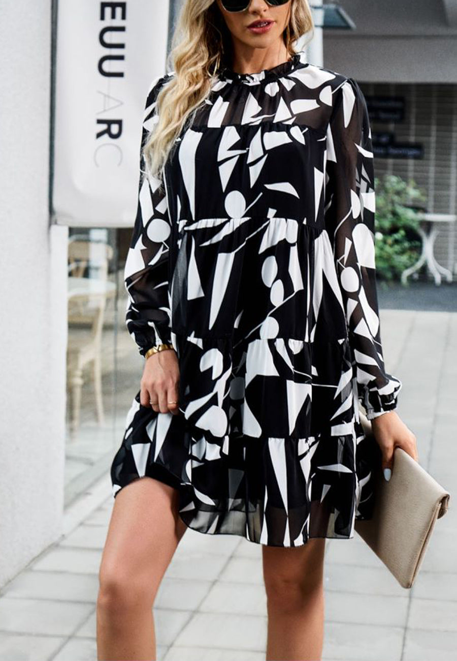 Abstract Print Long Sleeve Tiered Dress