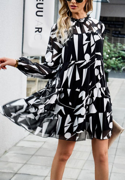 Abstract Print Long Sleeve Tiered Dress