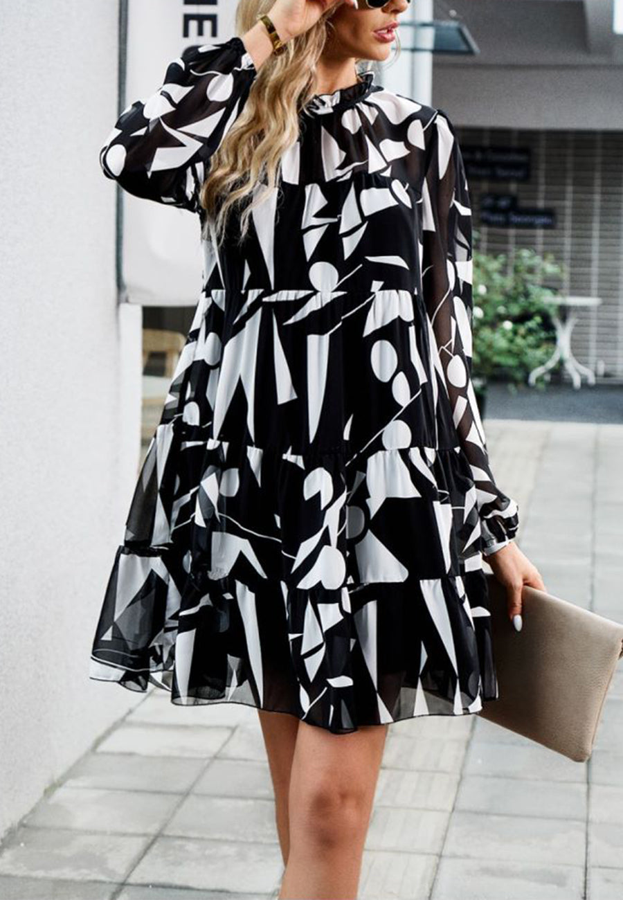 Abstract Print Long Sleeve Tiered Dress