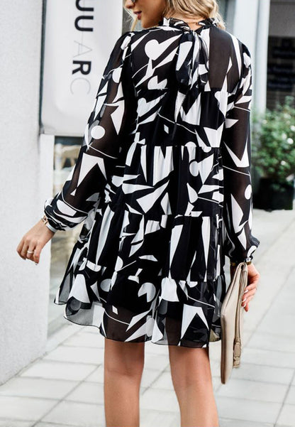 Abstract Print Long Sleeve Tiered Dress