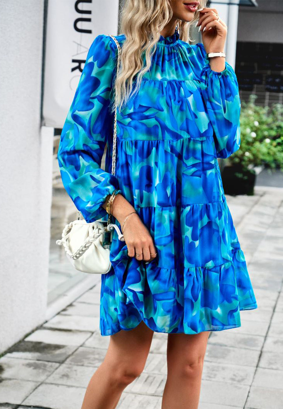 Abstract Print Long Sleeve Tiered Dress