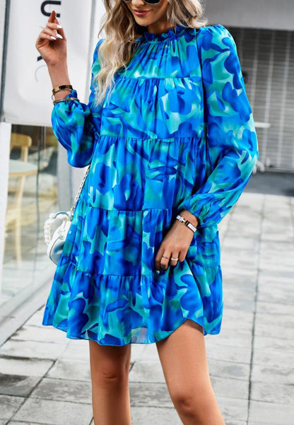 Abstract Print Long Sleeve Tiered Dress