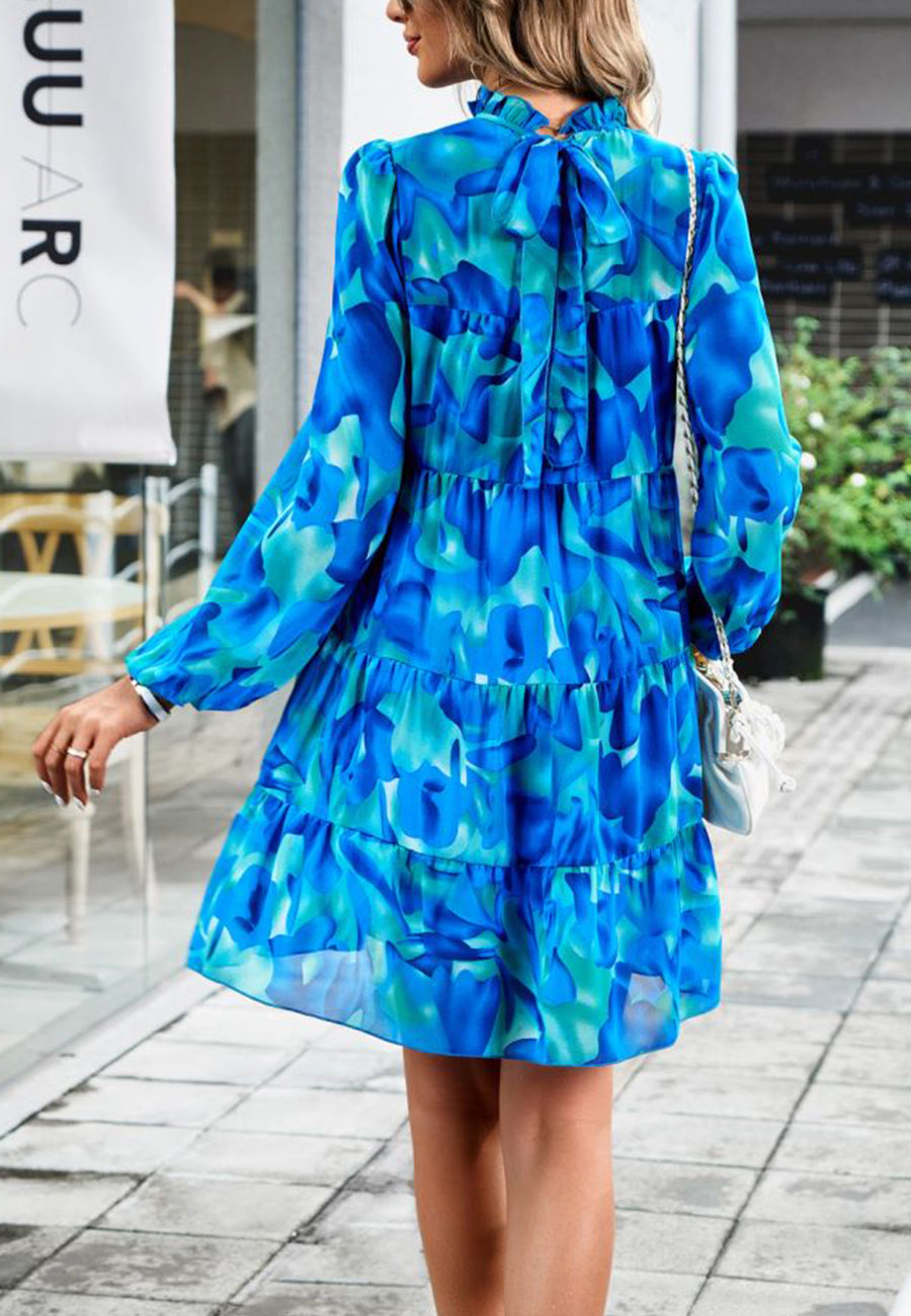 Abstract Print Long Sleeve Tiered Dress