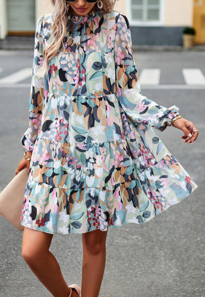 Abstract Print Long Sleeve Tiered Dress