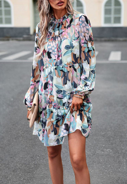 Abstract Print Long Sleeve Tiered Dress