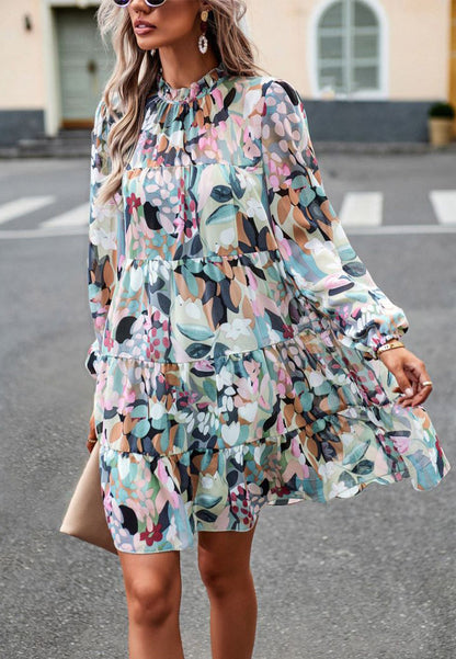 Abstract Print Long Sleeve Tiered Dress