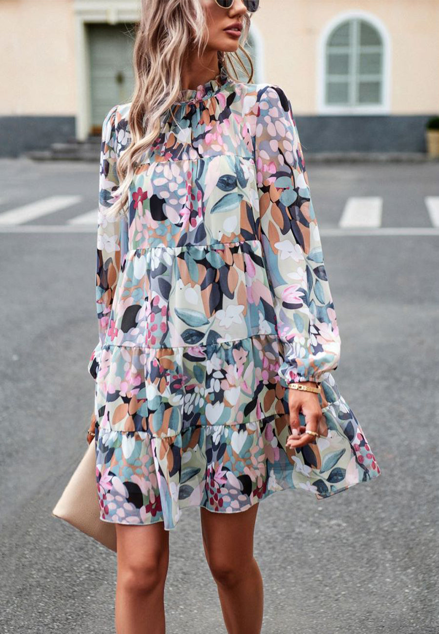 Abstract Print Long Sleeve Tiered Dress