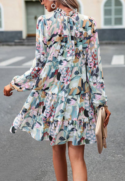 Abstract Print Long Sleeve Tiered Dress