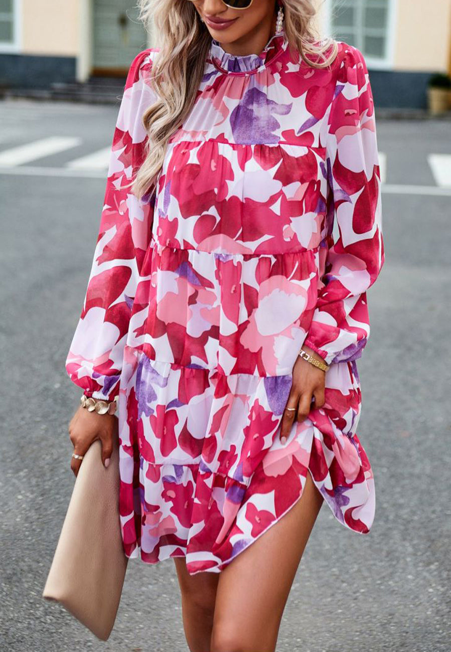 Abstract Print Long Sleeve Tiered Dress