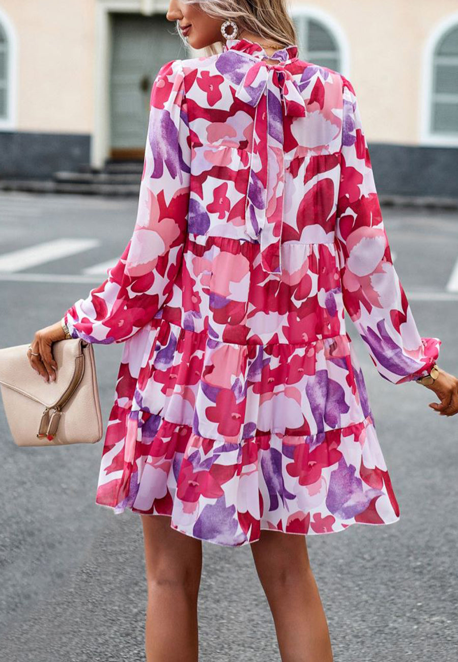 Abstract Print Long Sleeve Tiered Dress