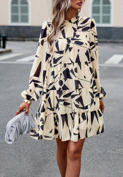 Abstract Print Long Sleeve Tiered Dress