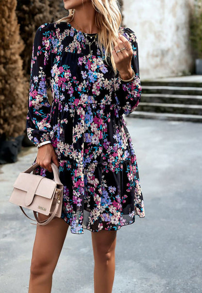 Floral Pattern Shirred Neck Dress