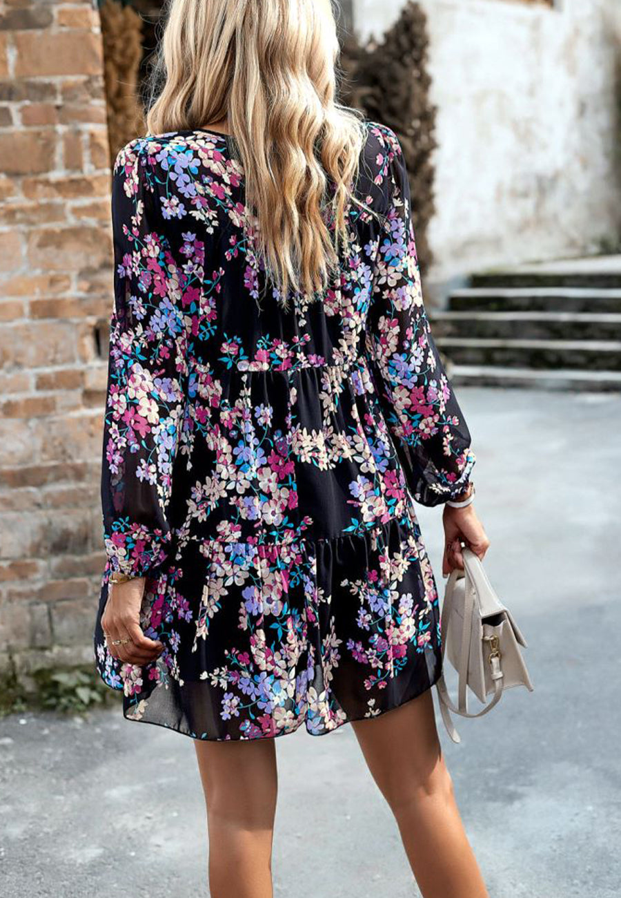 Floral Pattern Shirred Neck Dress