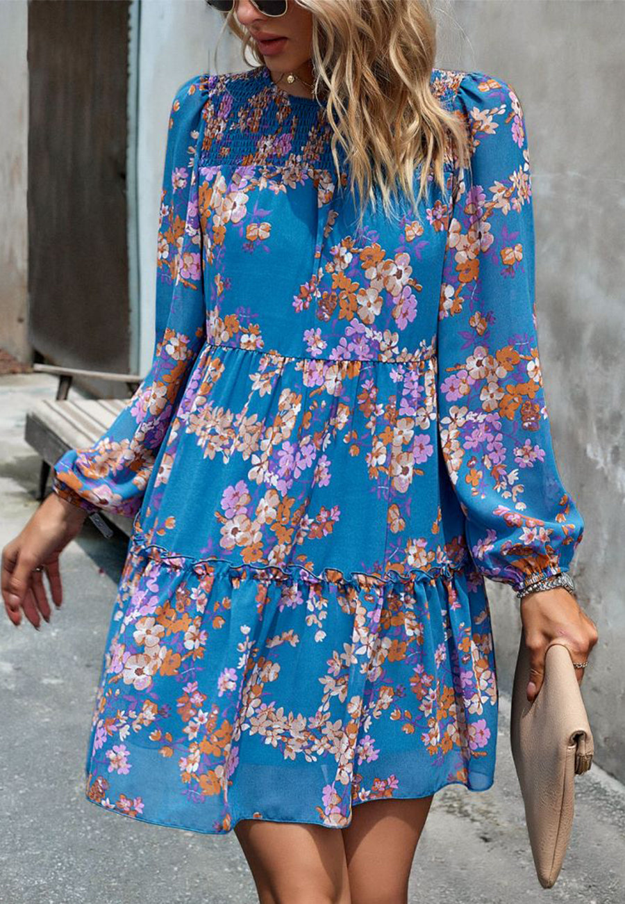 Floral Pattern Shirred Neck Dress