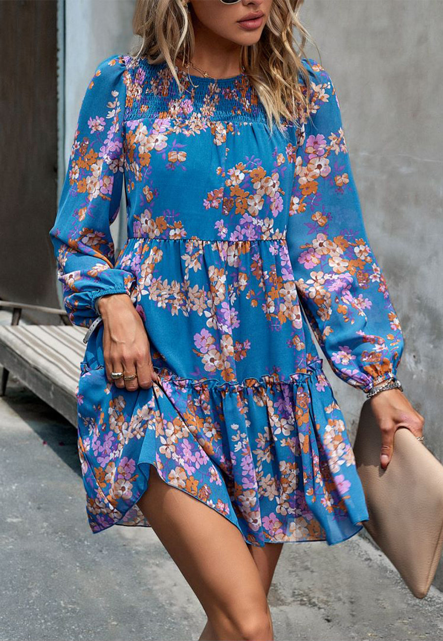 Floral Pattern Shirred Neck Dress