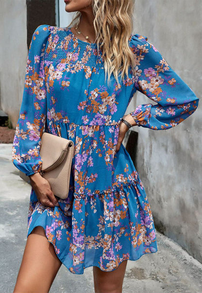 Floral Pattern Shirred Neck Dress