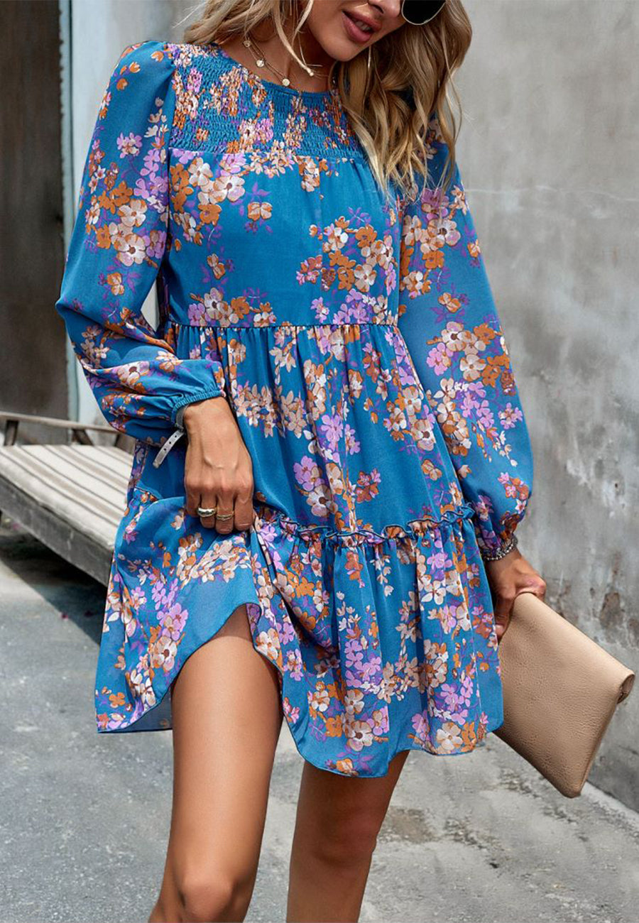 Floral Pattern Shirred Neck Dress