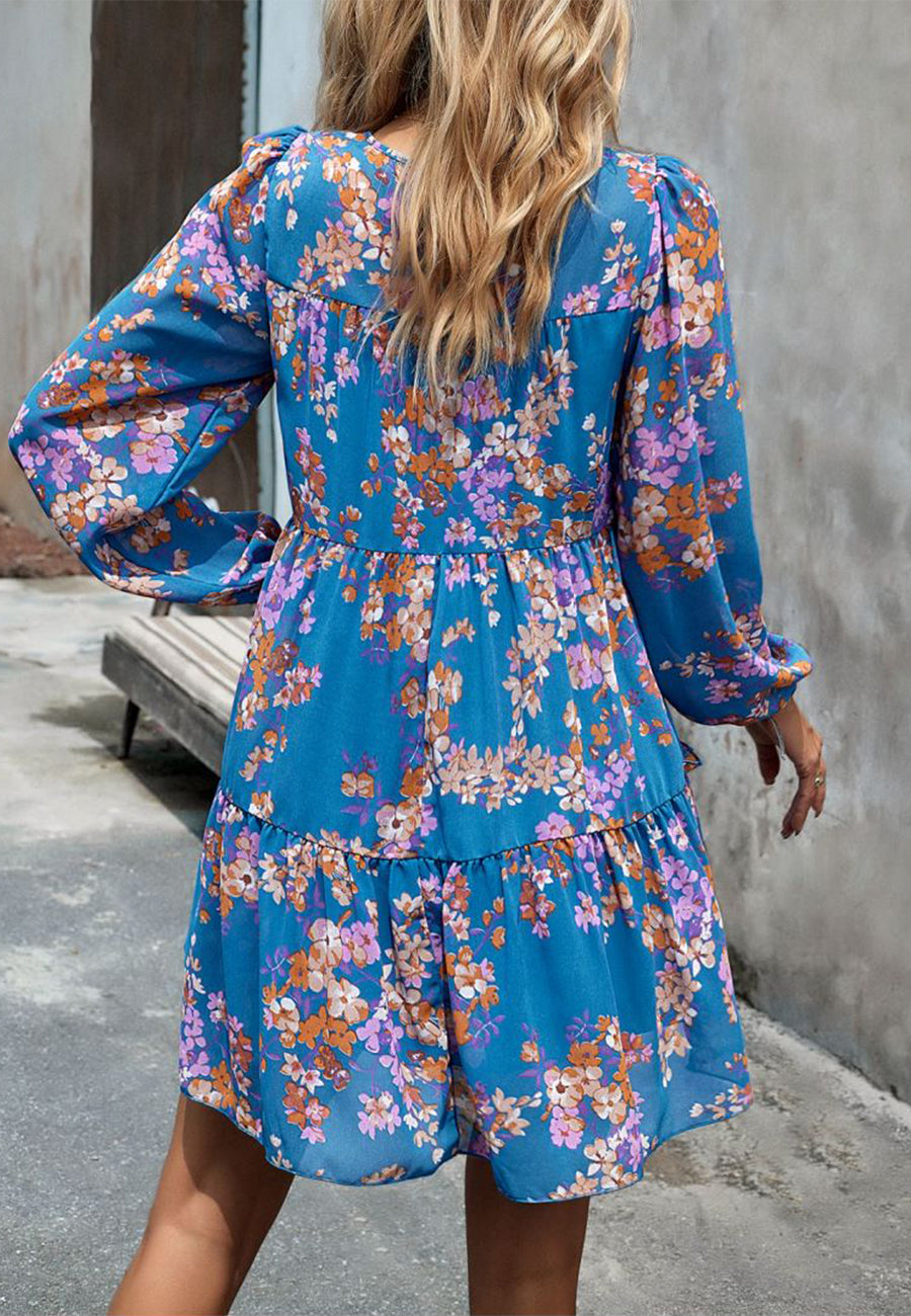 Floral Pattern Shirred Neck Dress