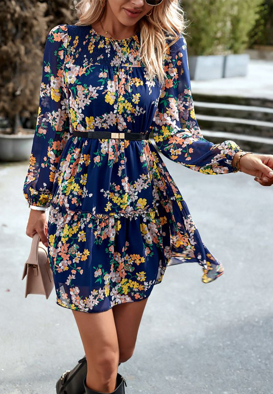 Floral Pattern Shirred Neck Dress