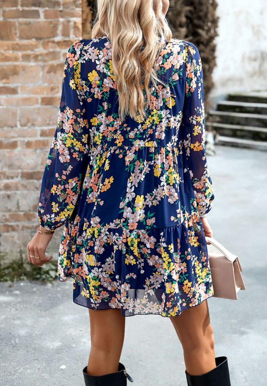 Floral Pattern Shirred Neck Dress