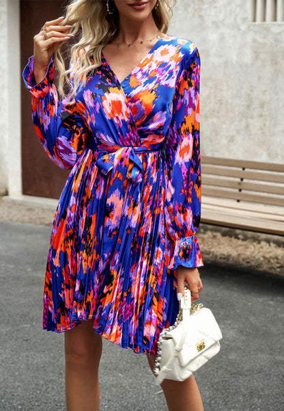 Abstract Floral Print Pleated Dress