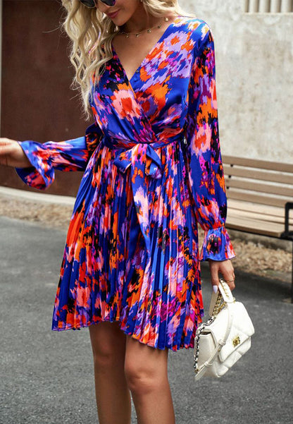 Abstract Floral Print Pleated Dress