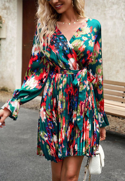 Abstract Floral Print Pleated Dress