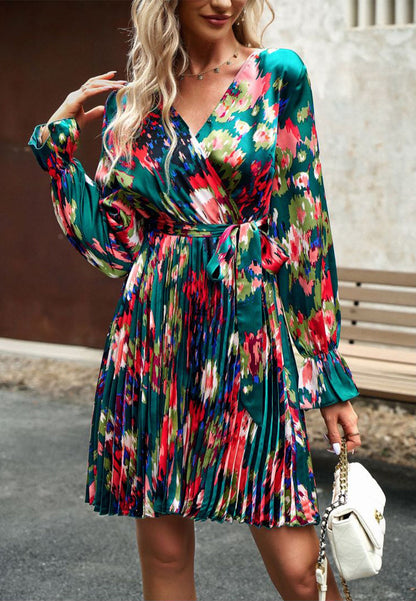 Abstract Floral Print Pleated Dress