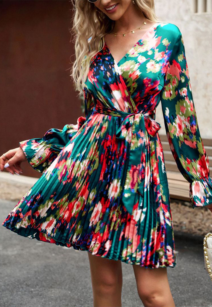 Abstract Floral Print Pleated Dress