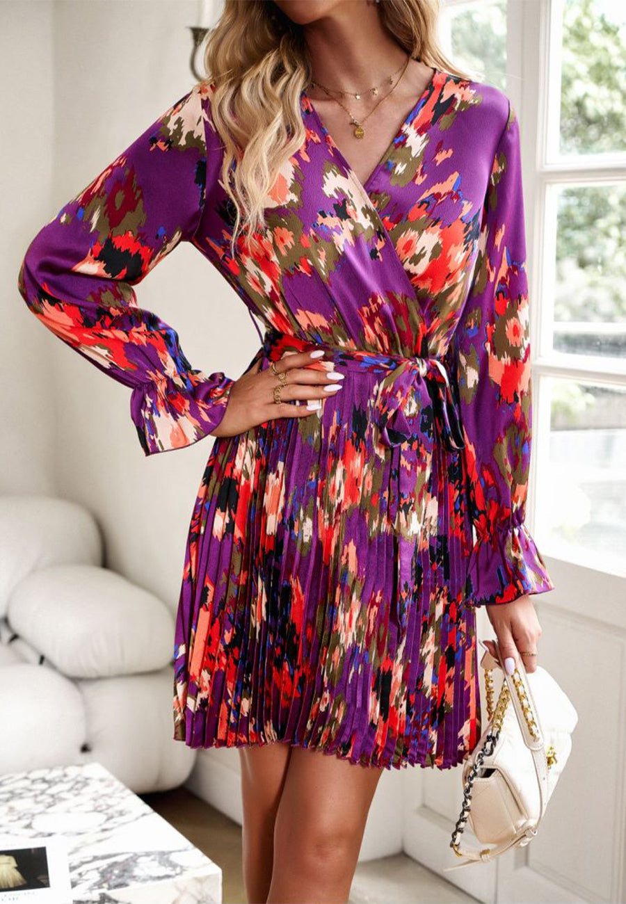 Abstract Floral Print Pleated Dress