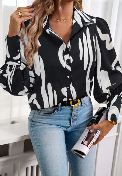 Printed Bishop Sleeve Collared Shirt