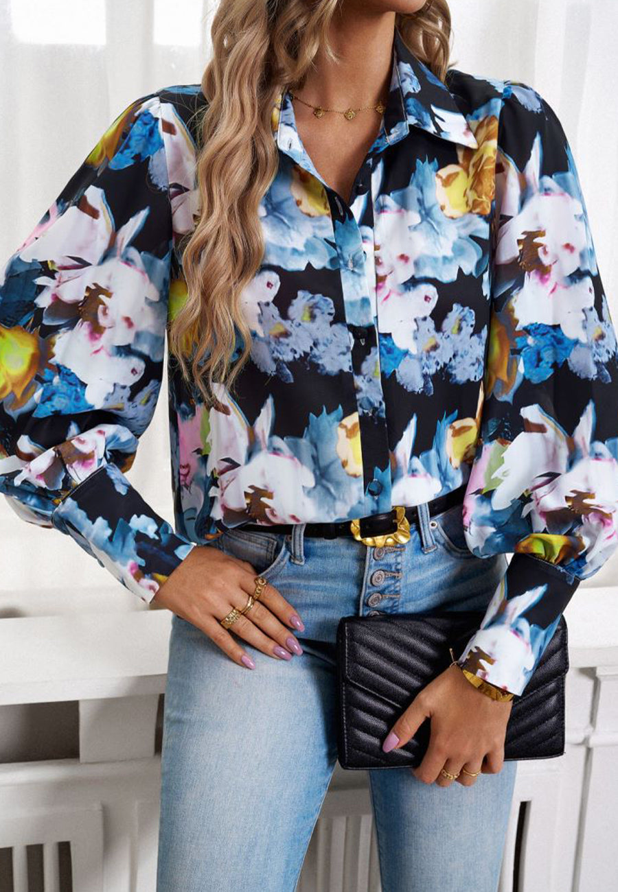 Printed Bishop Sleeve Collared Shirt