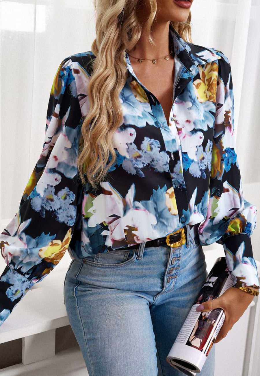 Printed Bishop Sleeve Collared Shirt