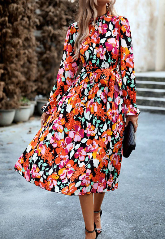 Pleated Ruffle Neck Floral Dress