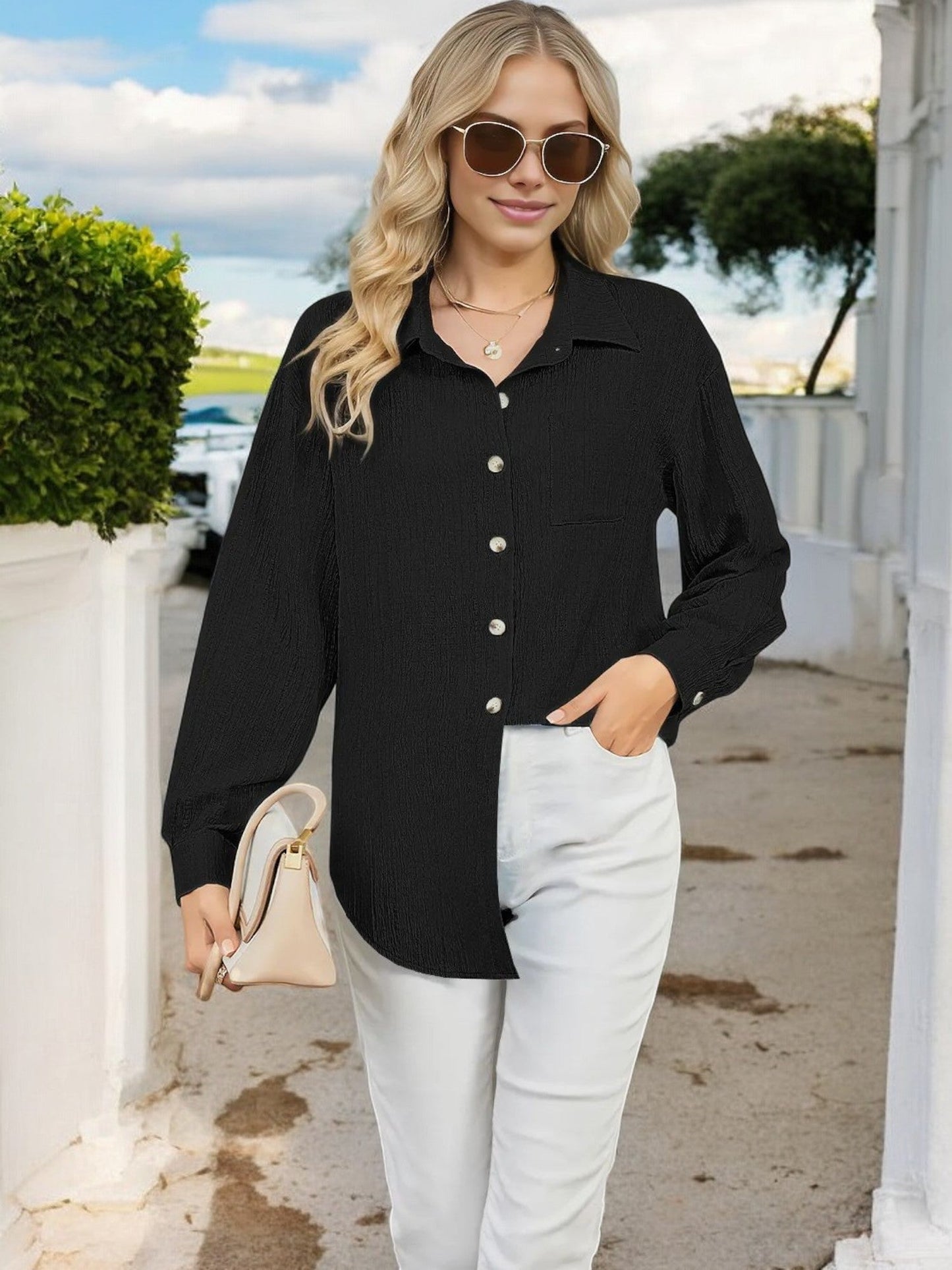 Women's Button-Down Textured Shirt with Chest Pocket and Long Sleeves