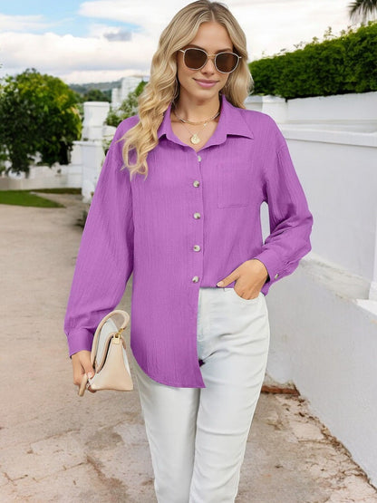 Women's Button-Down Textured Shirt with Chest Pocket and Long Sleeves