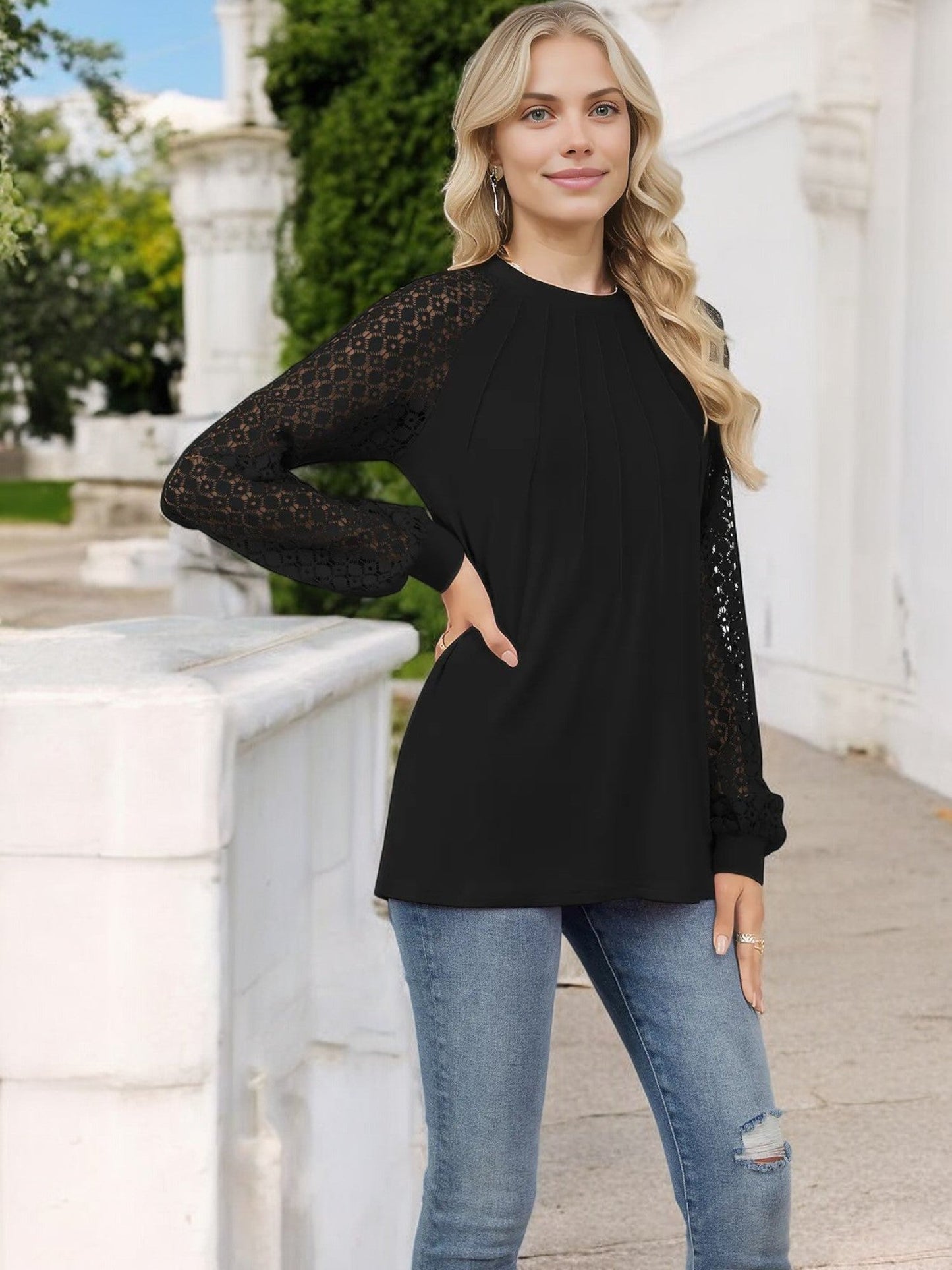 Women's Pleated Top with Lace Raglan Sleeves and Casual Fit