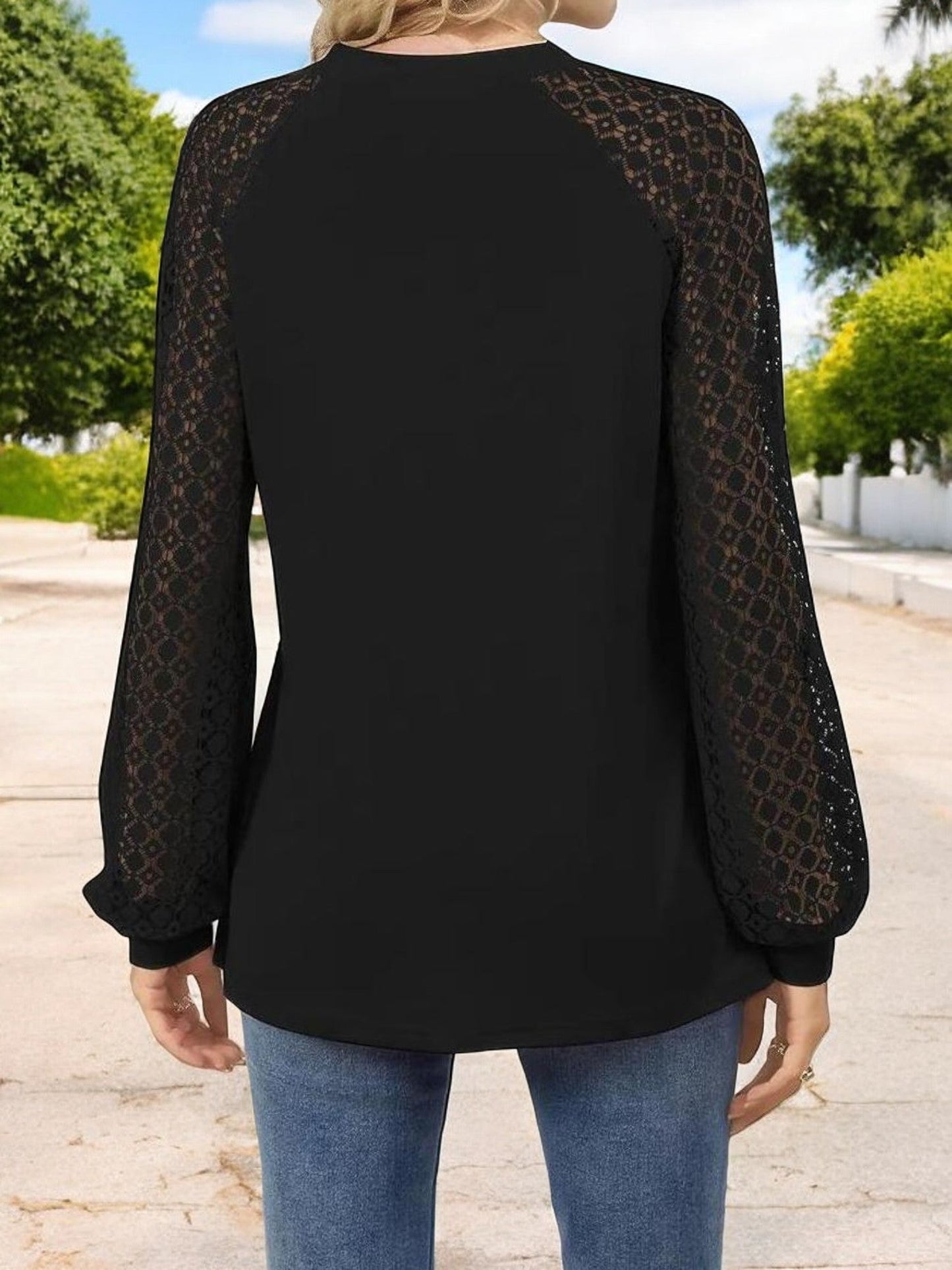 Women's Pleated Top with Lace Raglan Sleeves and Casual Fit