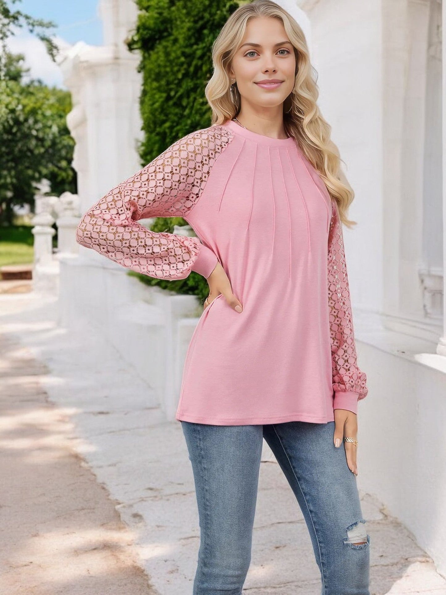 Women's Pleated Top with Lace Raglan Sleeves and Casual Fit