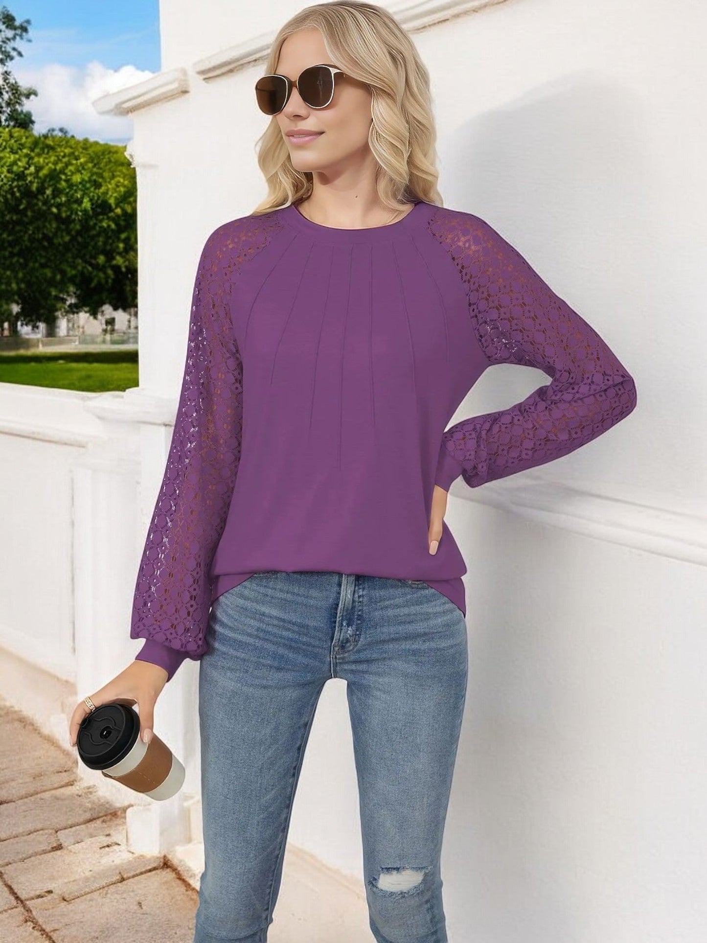 Women's Pleated Top with Lace Raglan Sleeves and Casual Fit