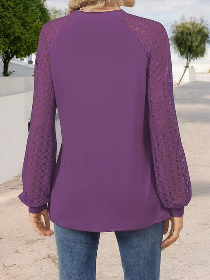 Women's Pleated Top with Lace Raglan Sleeves and Casual Fit